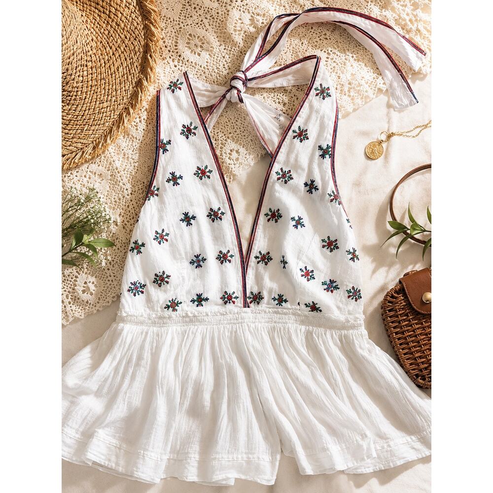 Free People XS Embroidered Halter Peplum Top - Cotton Boho Smocked Back